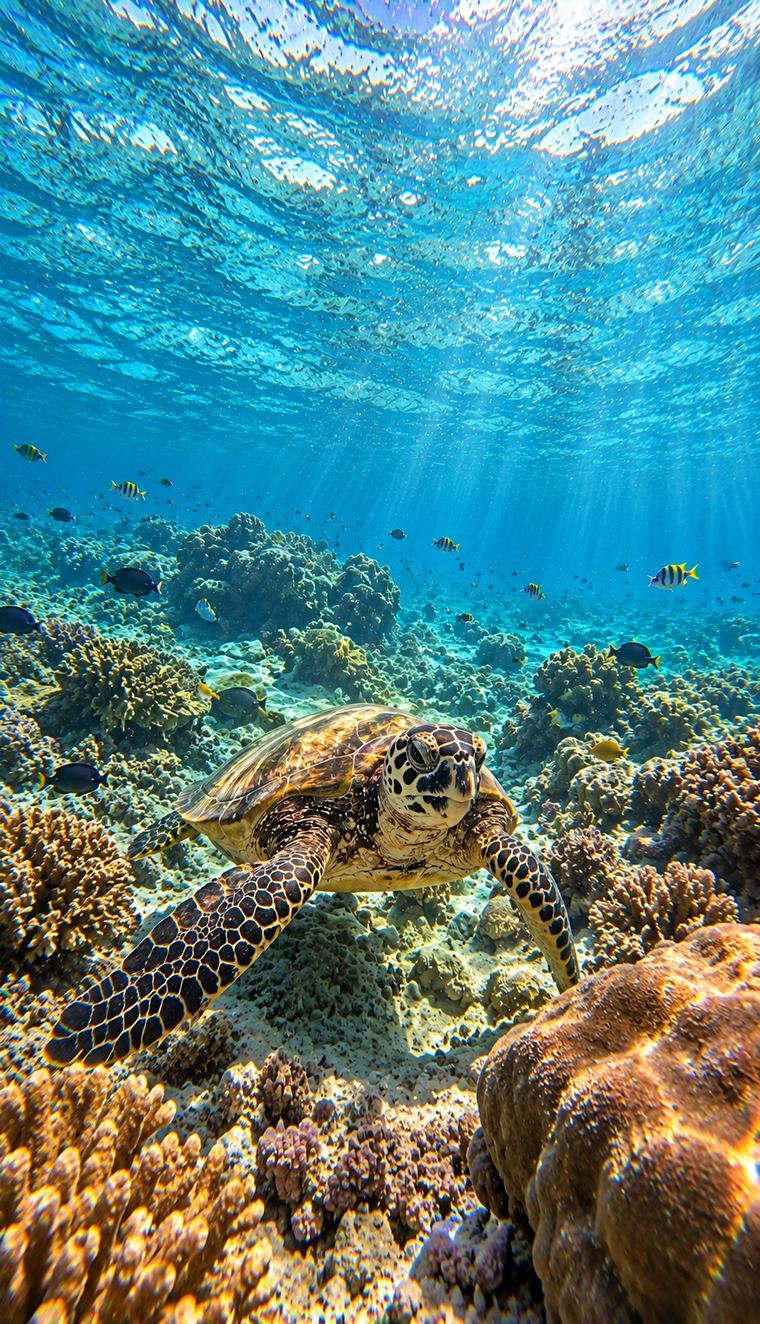 A sea turtle swimming over the coral reef off Gili Trawangan